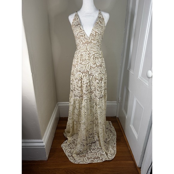 HoCo Dress The Population Women's Dress With Lace Detail NWT Size XS Cream  Gold